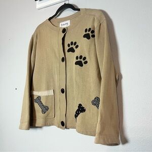 Vintage Tan Sweatshirt Cardigan Button Front Dog Bones Paw Print Size Small Boxy
